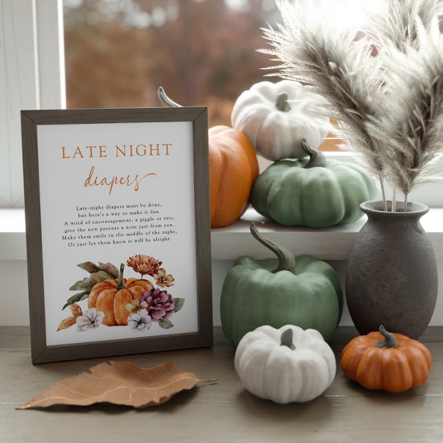 Poster für verspätete Nächte im Herbst (Late Night Diapers Game Sign Baby Shower Fall Pumpkins)