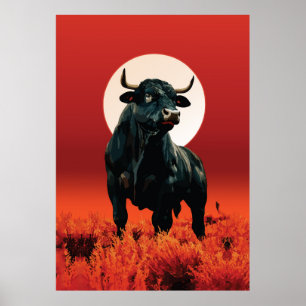Poster Fureur de Minuit – Majestueux Taureau Noir sous Cr
