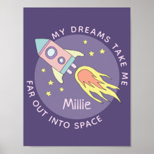 Poster Fusée spatiale rose pour fille et prénom Enfants
