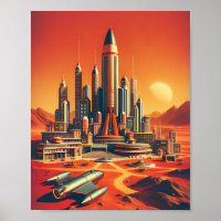 Poster Futuriste Martian City Style Mid-Century