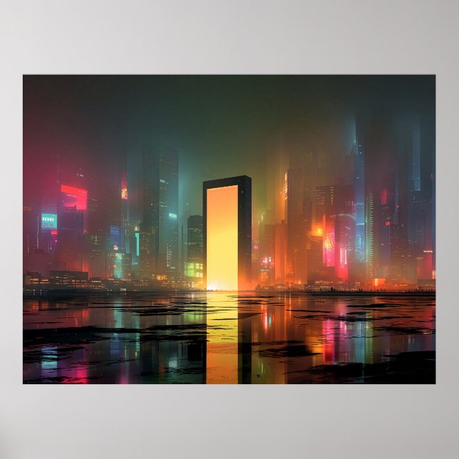 Poster Futuristic Cityscape with Neon Reflections (Devant)
