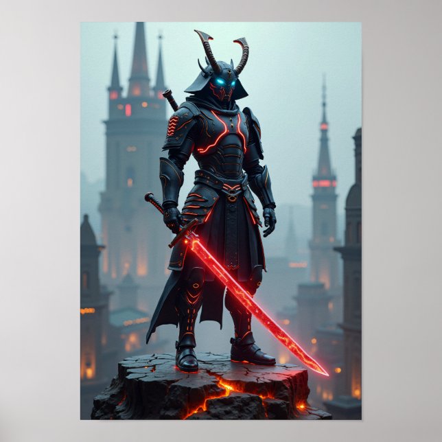 Poster Futuristic Cyberpunk Samurai Warrior - Sci-Fi Mech (Devant)