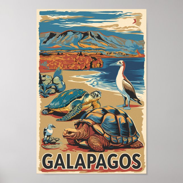 Poster Galapagos Animaux Voyage Art Vintage (Devant)