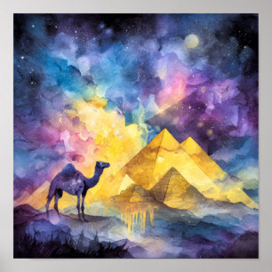 Poster Galaxie de désert à l'aquarelle Chameau Pyramide V