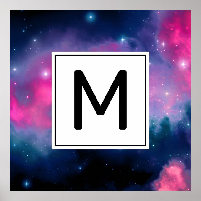 Poster Galaxie rose et bleu et étoiles Monogramme Abstrai (Devant)