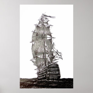Poster Galleon's pen and ink drawing in black and white