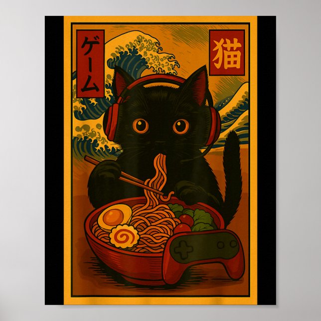 Poster Gamer Cat Eating Ramen Japanese Style  (Devant)