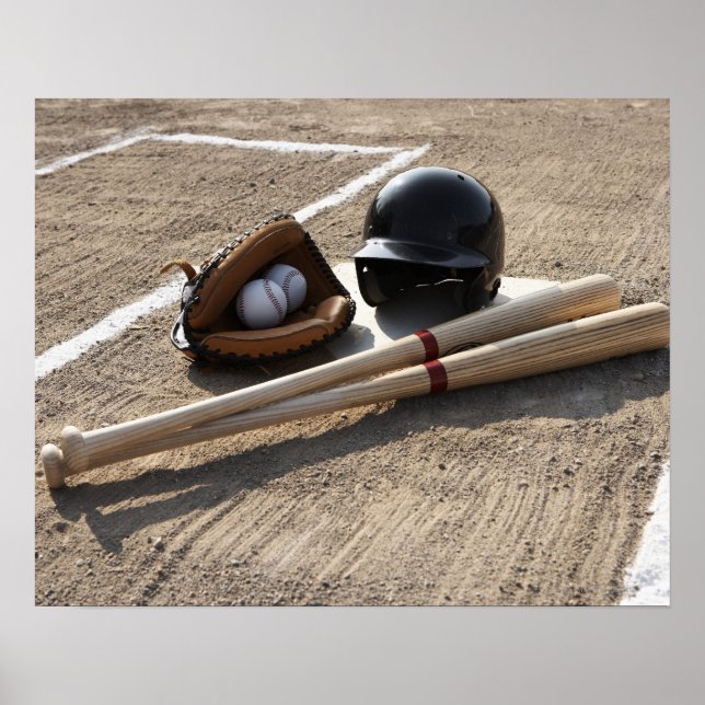Poster Gant de baseball, balles, chauves-souris et casque (Devant)
