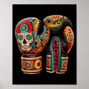 Poster Gants de boxe crâne sucré mexicain Aztec Mayan