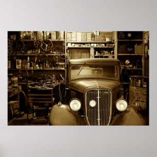 Poster Garage de voitures anciennes et atelier de réparat