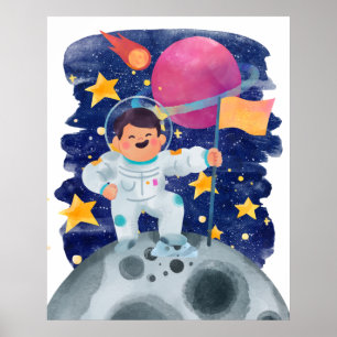 Poster Garçon Astronaute Premier Pas Lune Drapeau Espace