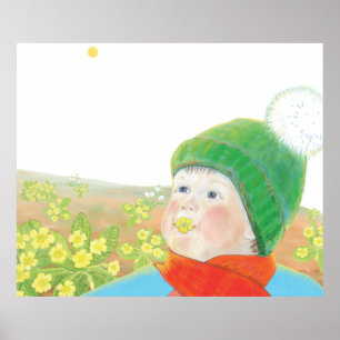 Poster Garçon avec Primroses sauvages