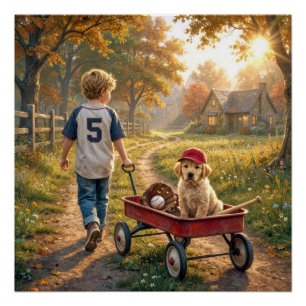 Poster Garçon avec wagon rouge et chiot retriever doré