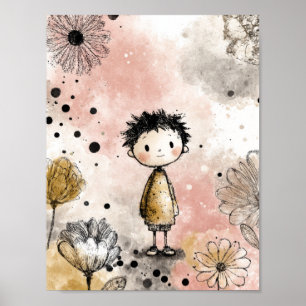 Poster Garçon Capricieux Aquarelle aux Accents Floraux (3