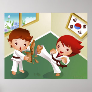 Poster Garçon de karaté jugeant en bois avec des autres