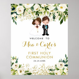 Poster Garçon Fille Blanc Floral Première Communion Affic
