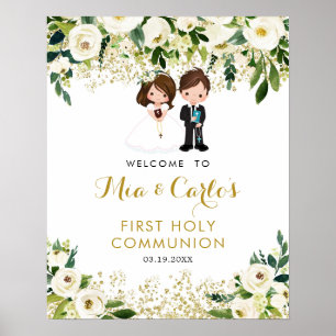 Poster Garçon Fille Blanc Floral Première Communion Affic