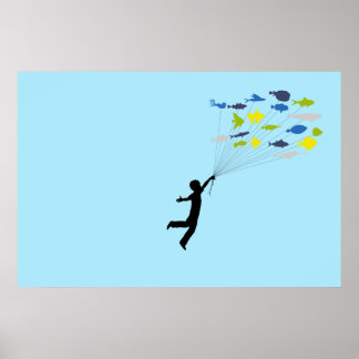 Poster Garçon Flottant En Tenant Des Ballons De Poisson T
