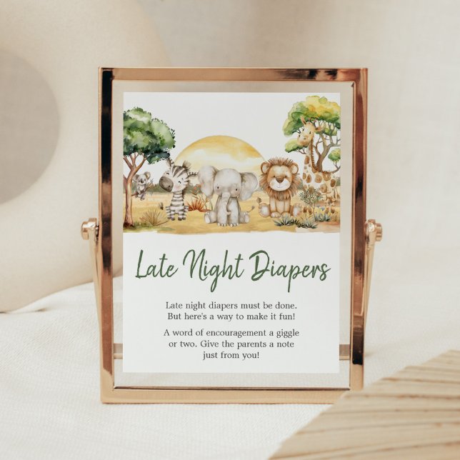 Poster Garçon Jungle Safari Animaux Late Night Diapers (Safari Baby Shower Late Night Diapers Sign)