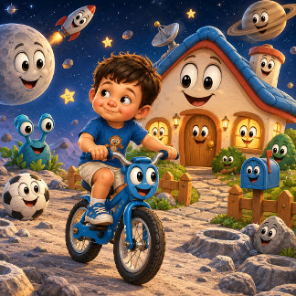 Poster Garçon mignon faisant du vélo dans l'espace
