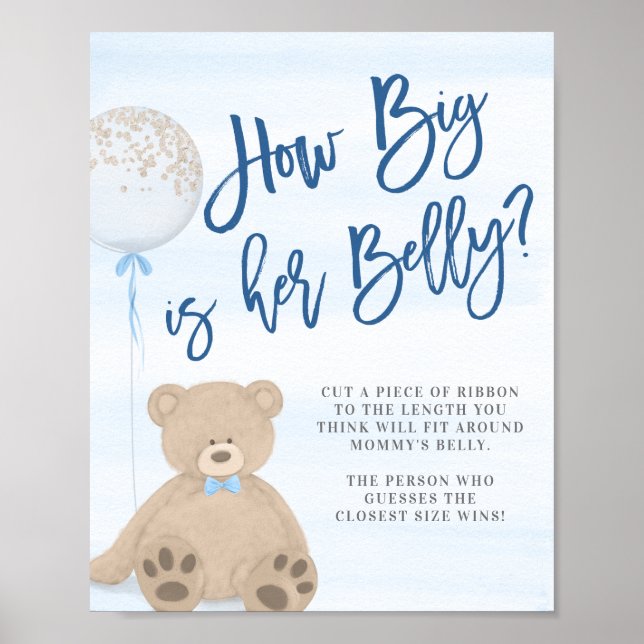 Poster Garçon Teddy Bear Blue Balloon Baby shower Belly J (Devant)