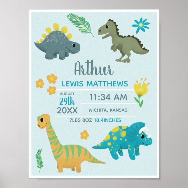 Poster Garçons Bleu Cute Dinosaur Naissance Statistiques  (Devant)