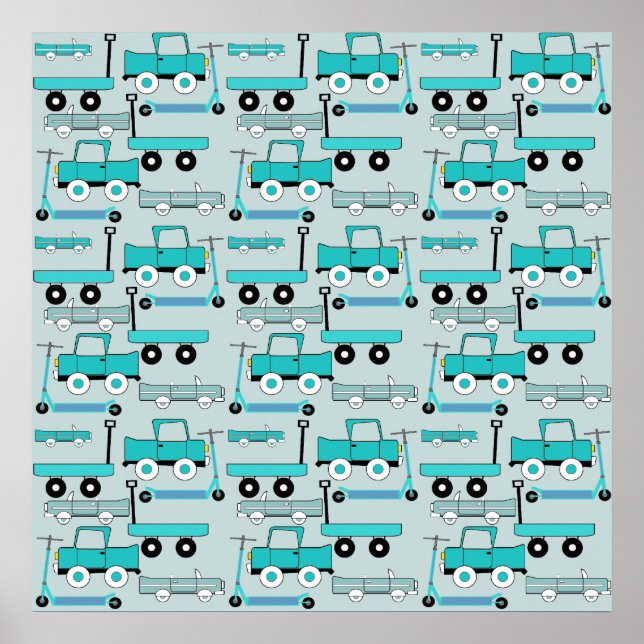 Poster Garçons Roues Bleues Rétro Scooters Voitures Wagon (Devant)