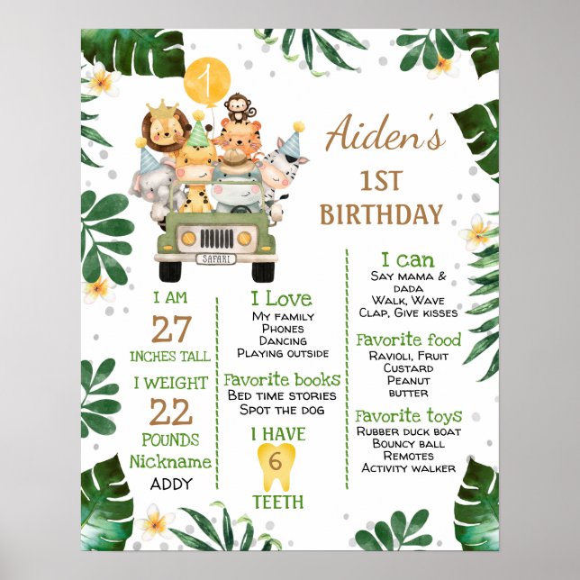 Poster Garçons Safari Animaux 1er anniversaire Jalon (Devant)