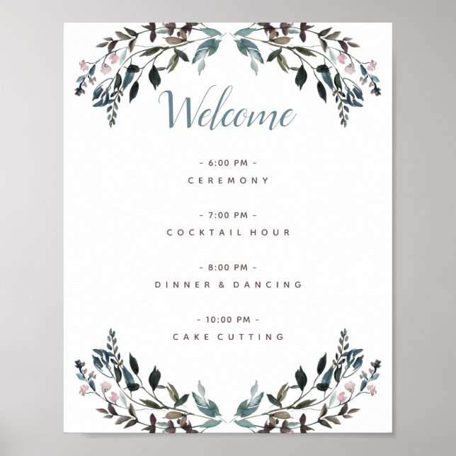 Poster Garden Crest Blanc Bleu Floral Programme de mariag (Devant)