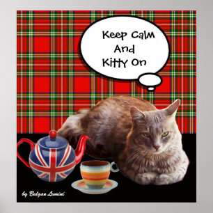 POSTER "GARDEZ CALME ET CHATON DESSUS" ,TARTAN ROUGE, THÉ