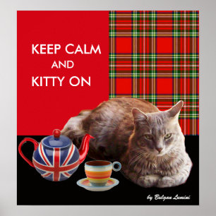 POSTER "GARDEZ SON CALME ET KITTY" ,TARTAN ROUGE, THÉ PAR