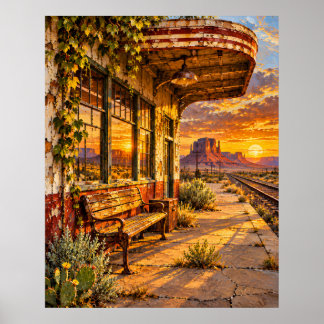 Poster Gare de train du désert - Americana dorée