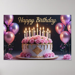 Poster Gâteau d'anniversaire rose luxe élégant extravagan