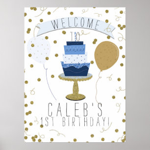 Poster Gâteau de premier anniversaire Bleu & Or Sucre est