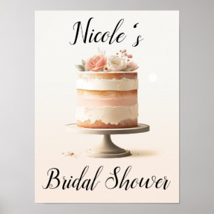 Poster Gâteau Floral Rose Pêche Élégant Shower de Mariage