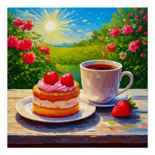 Poster Gâteau fraise et café délicieux