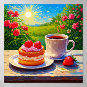 Poster Gâteau fraise et café délicieux