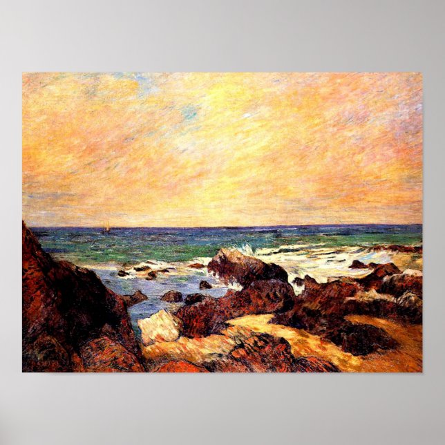 Poster Gauguin - Rochers et mer, célèbre peinture, (Devant)