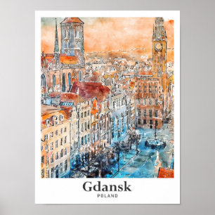 Poster Gdansk Pologne Voyage Aquarelle main tirée