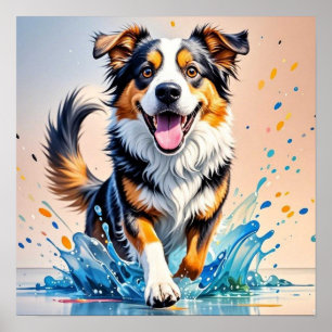 Poster Géant coloré heureux jouant chien drôle, splash