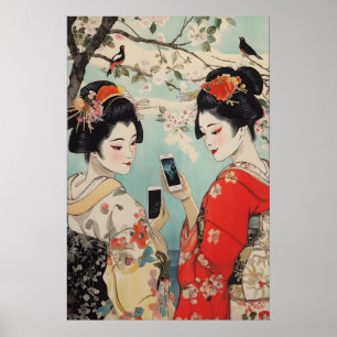 Poster Geisha avec Smartphones Art Imprimé Ukiyo-e Japona