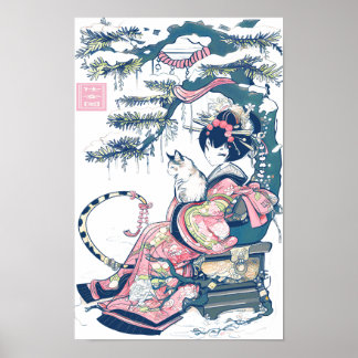 Poster Geisha Girl With Dragon and Cats 37003