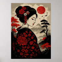 Geisha japonais aux fleurs rouges et Mont Fuji