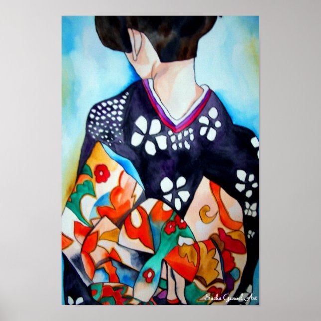 Poster Geisha japonais avec kimono bleu art original (Devant)
