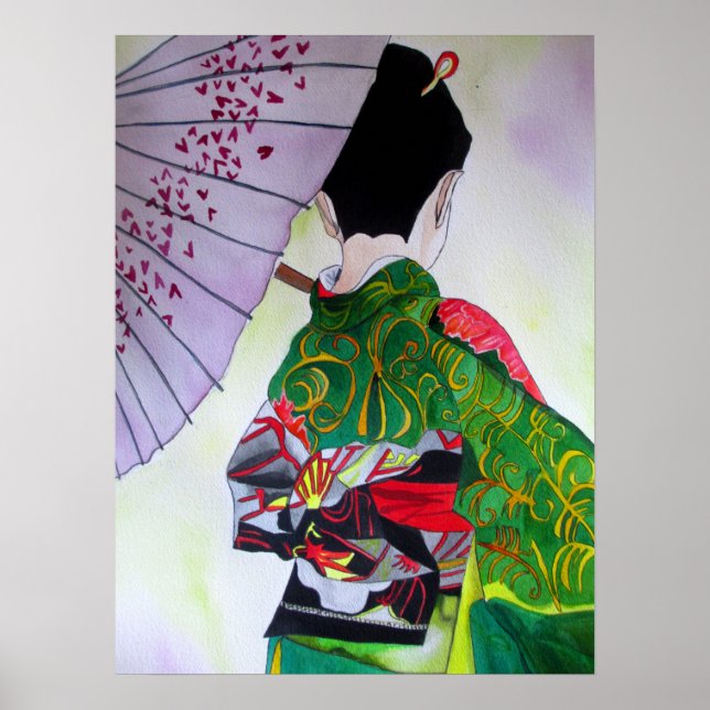 Poster Geisha japonais avec kimono et parapluie violet (Devant)