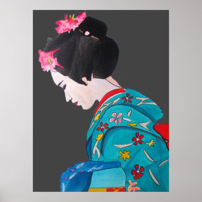 Poster Geisha japonais avec les fleurs de cerises (Devant)