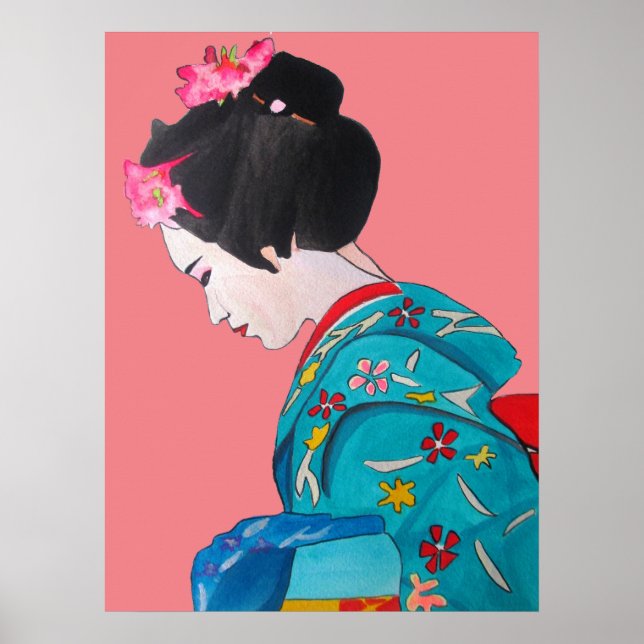 Poster Geisha japonais avec les fleurs de cerises (Devant)