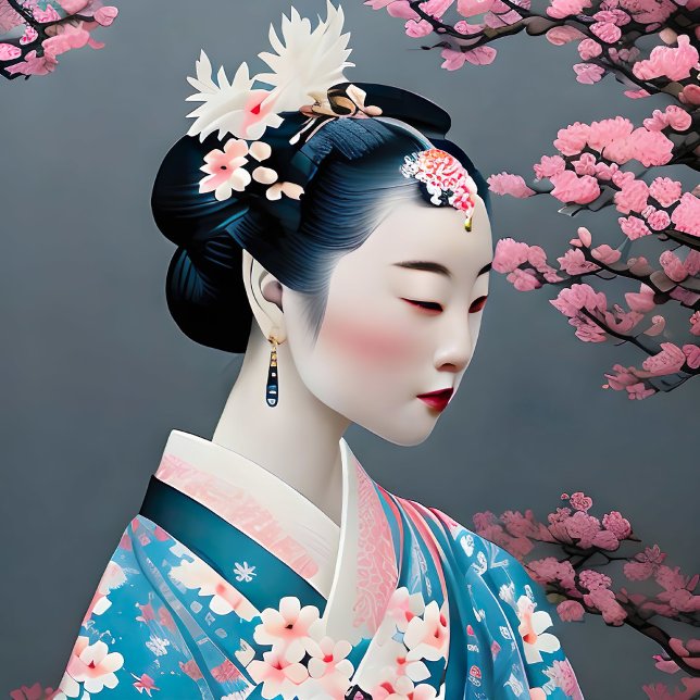 Poster Geisha Japonais Dans Un Jardin En Fleurs De Cerisi (Créateur téléchargé)