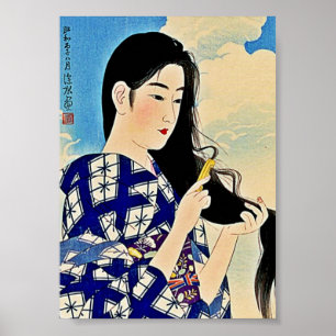 Poster Geisha peignant l'art japonais d'Ukiyo-E de bois