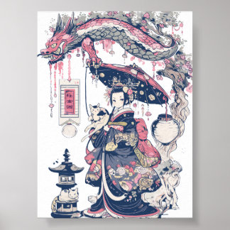 Poster Geisha With Dragon and Cats 37007